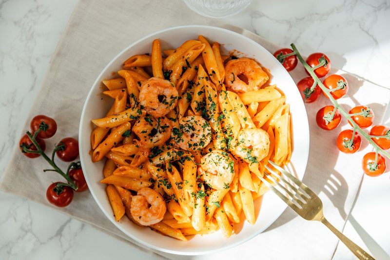 Pastaphony Stanton — penne shrimp alfredo with cherry tomatoes
